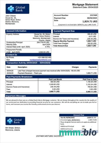 Liberia Global Bank Liberia wyciąg z kredytu hipotecznego szablon Word i PDF